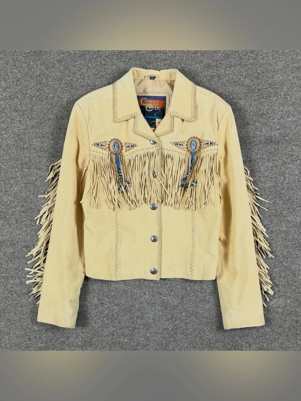 Cripple Creek Tan Suede Leather Fringe Western Jacket Womens L Beaded Medallions - Picture 2 of 15